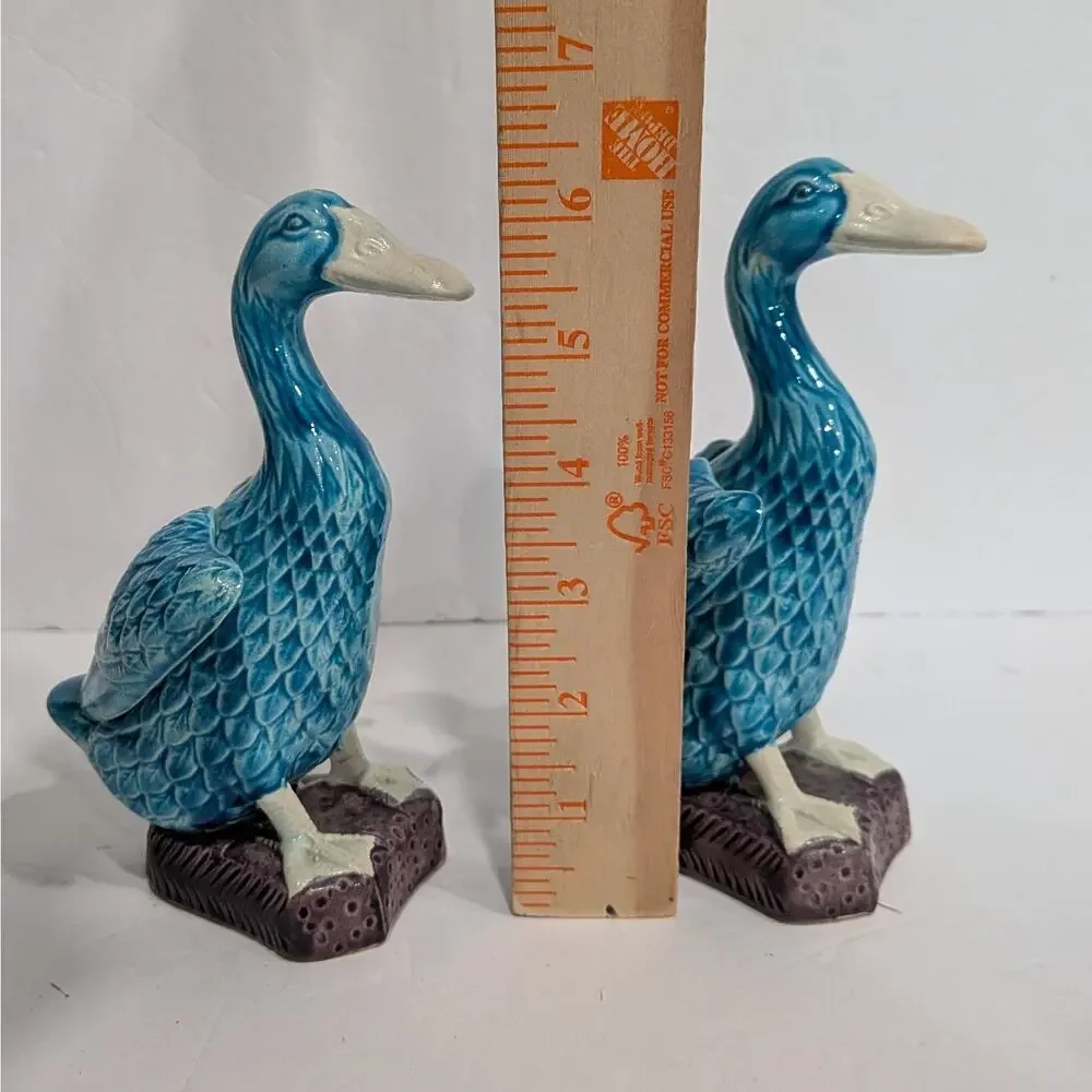 Vintage Turquoise Blue Glazed Ceramic Duck Figurines Pair Japan Chinoiserie